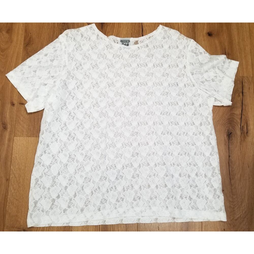 EUC - Spoiled Rotten U.S.A. Women's Large Floral White Lace Short Sleeves Pullon